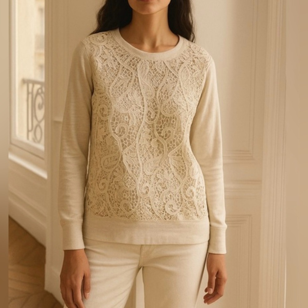 J. Crew Beige Cotton Lace Crewneck Sweater - Size M